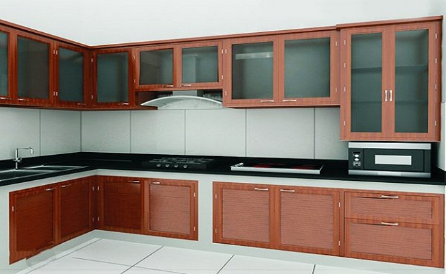 Hệ tủ bếp nhôm cánh kính hình chữ L