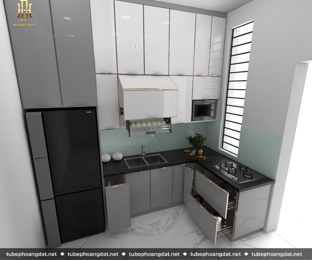Hình ảnh 3D về tủ bếp inox cánh kính kịch trần