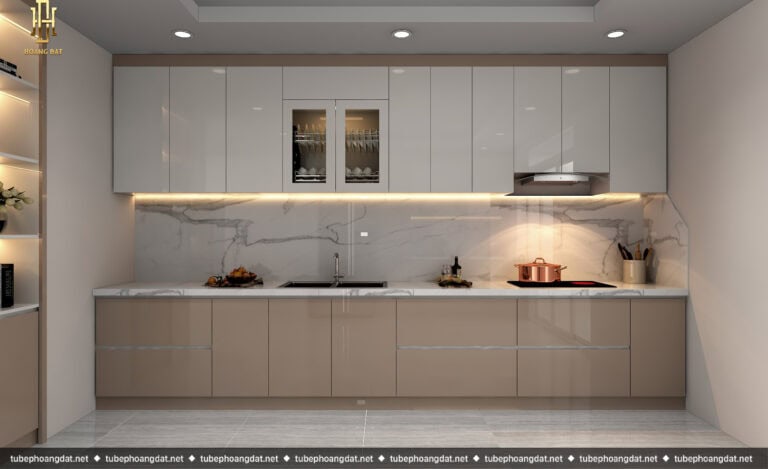 Tủ bếp Acrylic với mẫu bếp chữ I song song