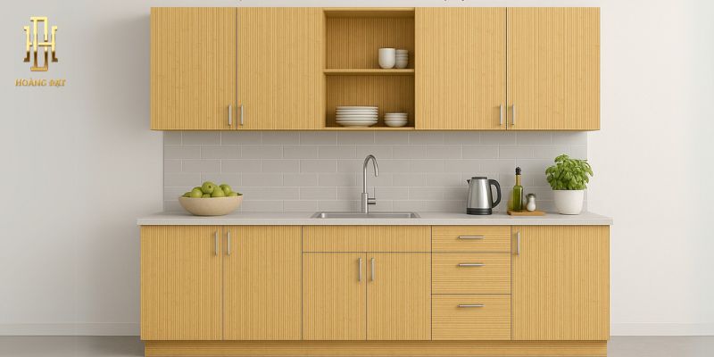 Những mẫu tủ bếp nhựa đẹp cho không gian sống 2025 8 Tủ bếp mô phỏng họa tiết tre đậm chất Á Đông