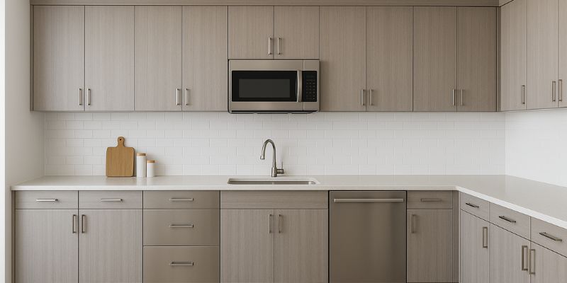 Tổng hợp 20 mẫu tủ bếp có lò vi sóng hiện đại 2025 12 Tủ bếp có lò vi sóng Laminate phối inox