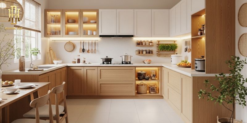 Top mẫu tủ bếp MDF phủ Melamine đẹp nhất năm 2025 7 tủ bếp MDF phủ Melamine có đèn LED hắt ánh sáng dịu