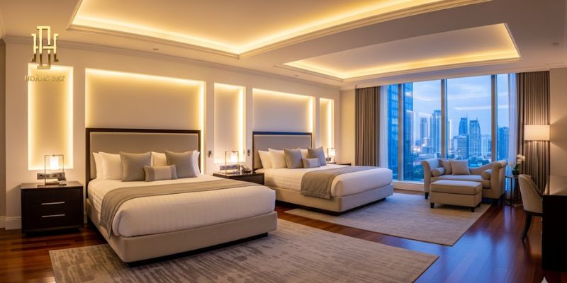 TOP 20 mẫu thiết kế phòng ngủ 2 giường tiết kiệm không gian 13 Giường đôi cao cấp với đèn LED