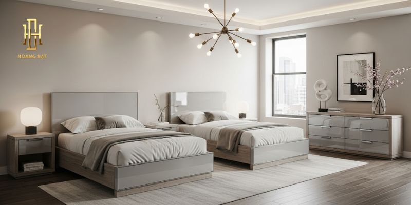 TOP 20 mẫu thiết kế phòng ngủ 2 giường tiết kiệm không gian 11 Giường đôi tối giản sang trọng