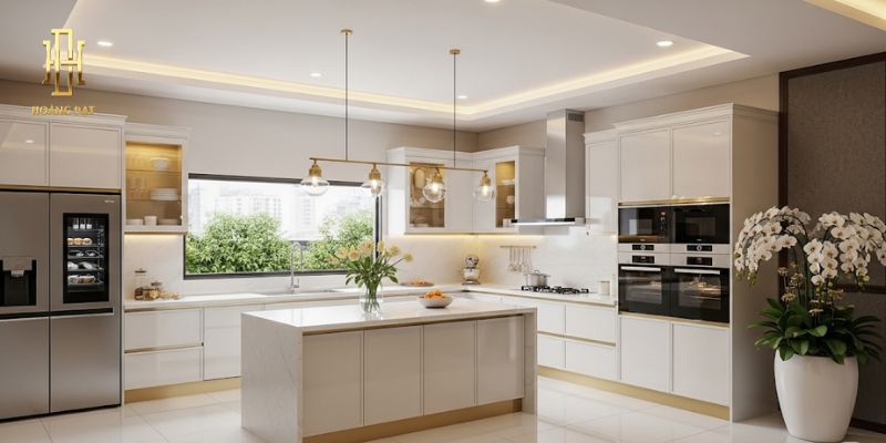 Tủ bếp nhựa Acrylic sang trọng, chống ẩm tốt nhất 2025 12 Tủ bếp đảo bếp trắng – vàng ánh kim quý phái cho gia chủ