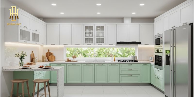 Tủ bếp nhựa Acrylic sang trọng, chống ẩm tốt nhất 2025 14 ủ bếp nhựa chữ Acrylic chữ G trắng – xanh lá tươ