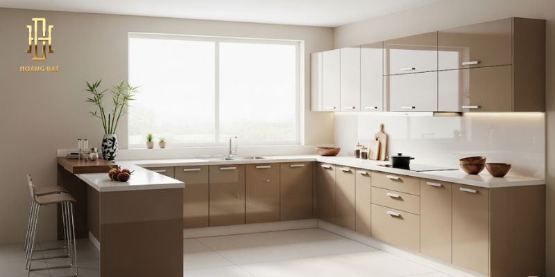 Tủ bếp nhựa Acrylic sang trọng, chống ẩm tốt nhất 2025 11 Tủ bếp nhựa Acrylic chữ L tích hợp quầy bar
