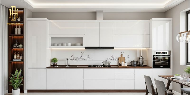 Tủ bếp nhựa Acrylic sang trọng, chống ẩm tốt nhất 2025 9 Tủ bếp chữ I trắng bóng gương hiện đại