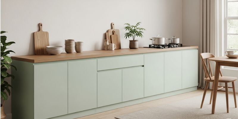 14 mẫu tủ bếp nhựa chữ I đẹp mê mẩn dẫn đầu xu hướng 2025 10 Tủ bếp pastel Japandi