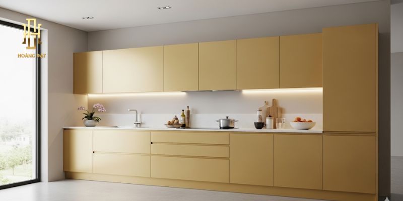 Đánh giá chi tiết xem tủ bếp nhựa Vincoplast có tốt không? 11 Tủ bếp chữ I phủ Acrylic vàng ánh kim