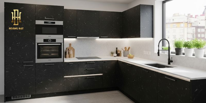 Đánh giá chi tiết xem tủ bếp nhựa Vincoplast có tốt không? 13 Tủ bếp chữ L phủ Laminate đen vân đá
