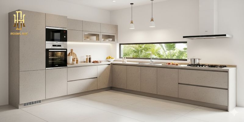 Đánh giá chi tiết xem tủ bếp nhựa Vincoplast có tốt không? 10 Tủ bếp nhựa Vincoplast chữ L phủ Laminate vân đá sáng