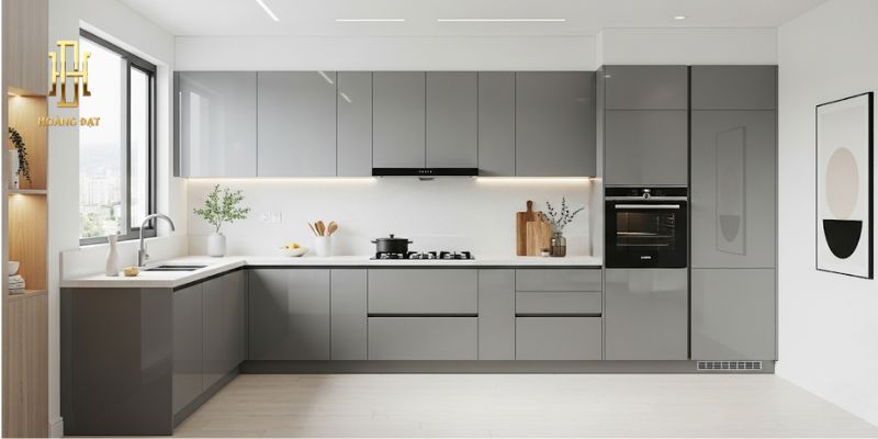 Đánh giá chi tiết xem tủ bếp nhựa Vincoplast có tốt không? 14 Tủ bếp Vincoplast nhựa tối giản phủ Acrylic xám bóng