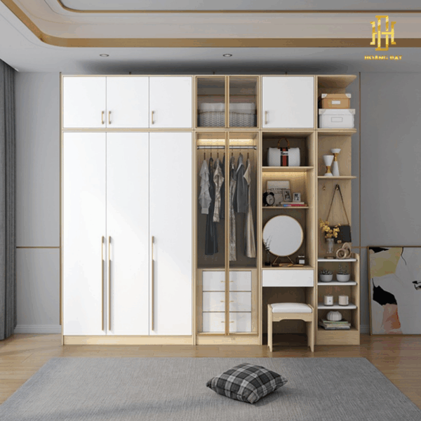 Tủ quần áo thiết kế thông minh, tối ưu từng góc nhỏ giúp căn phòng luôn gọn gàng và tinh tế.