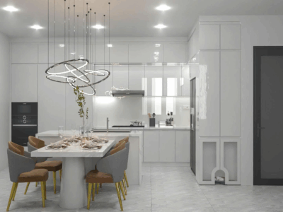Thiết kế nội thất bếp màu trắng tinh khôi